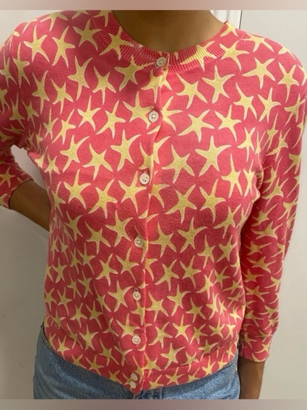 J Crew Y2K Pink Starfish Patterned Women's Lightweight Cardigan size XS